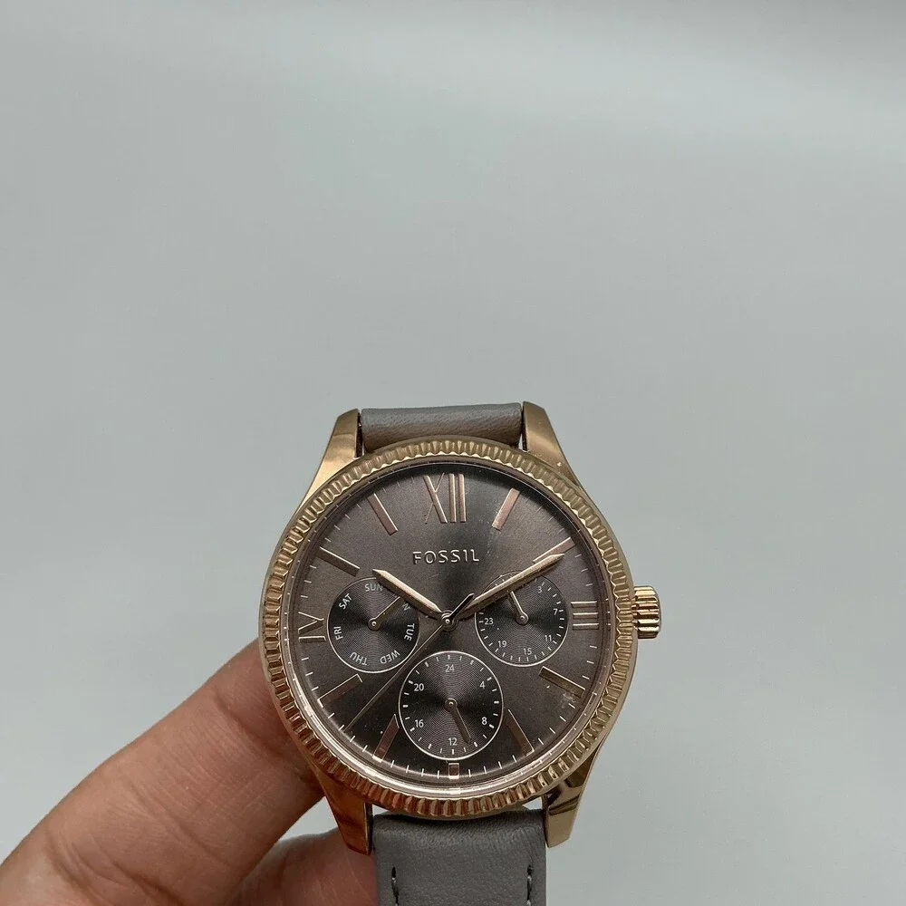 Fossil BQ3764 Womens Watch 35mm Brown Dial Gray Leather Rose Gold Multifunction